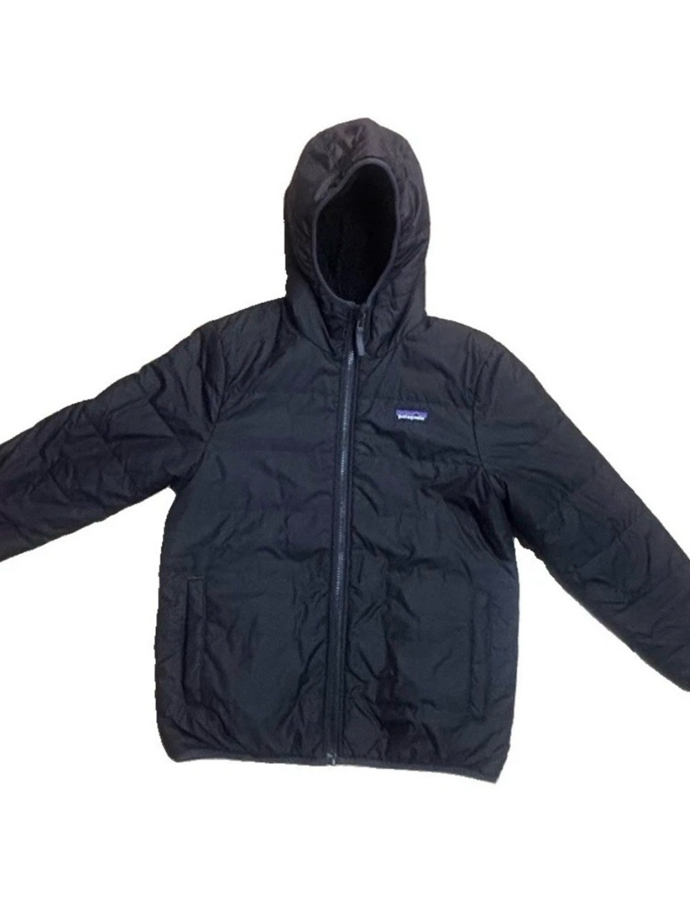 Patagonia Kids Black Hooded Puffer Jacket Full Zip Fleece Lined Size L